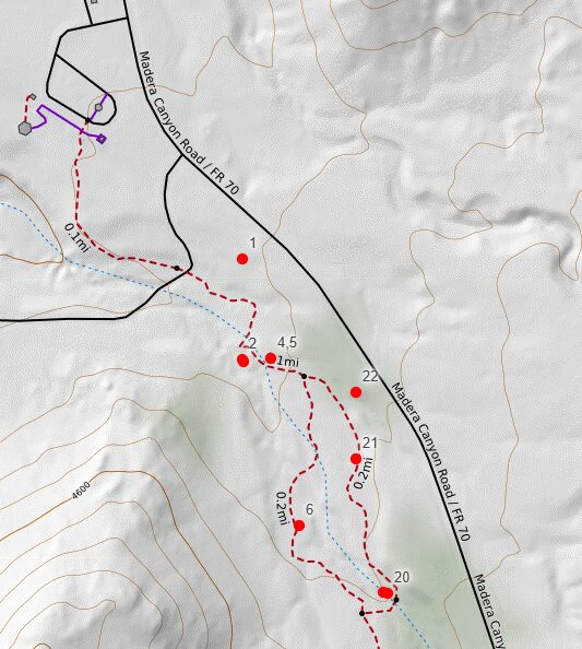 Map of benches in Madera Canyon
