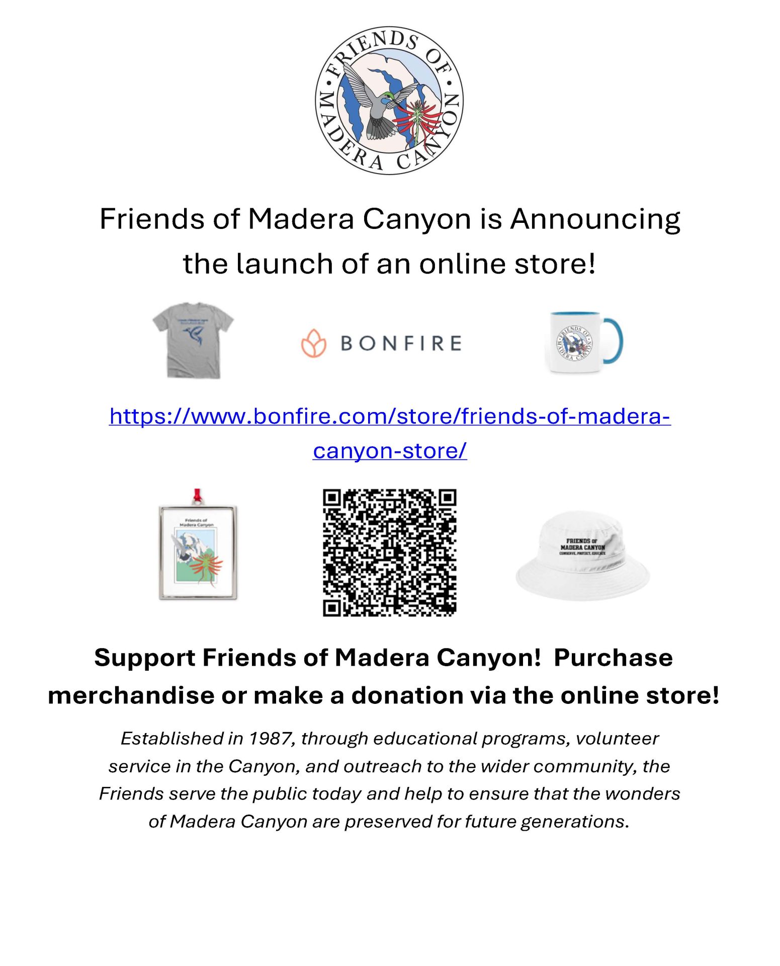 Friends of Madera Canyon is announcing the launch of an online store